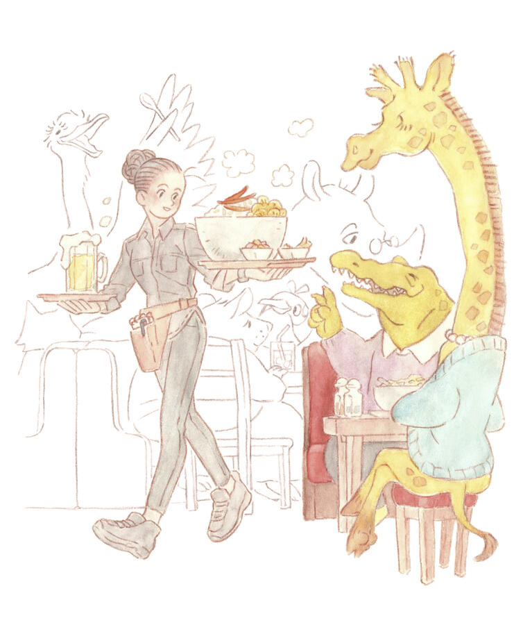 evening out with daughter - original illustration from my sketchbook, colour pencils and a bit of watercolour